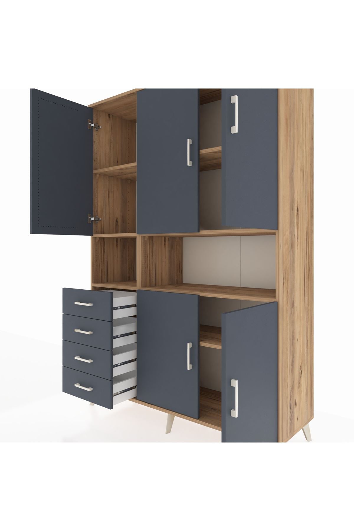 Hyperion Dolap 7 Raflı 4 Çekmeceli 5 Kapaklı 132x44x195 Çam-Antrasit/Antrasit