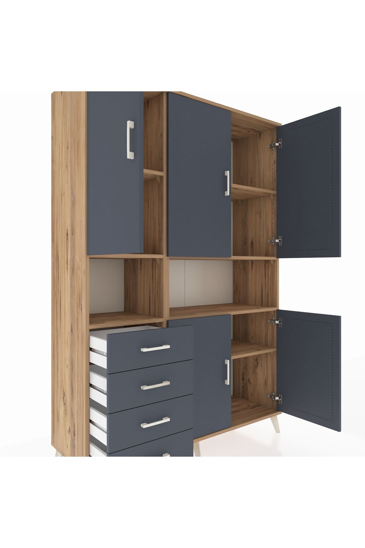 Hyperion Dolap 7 Raflı 4 Çekmeceli 5 Kapaklı 132x44x195 Çam-Antrasit/Antrasit