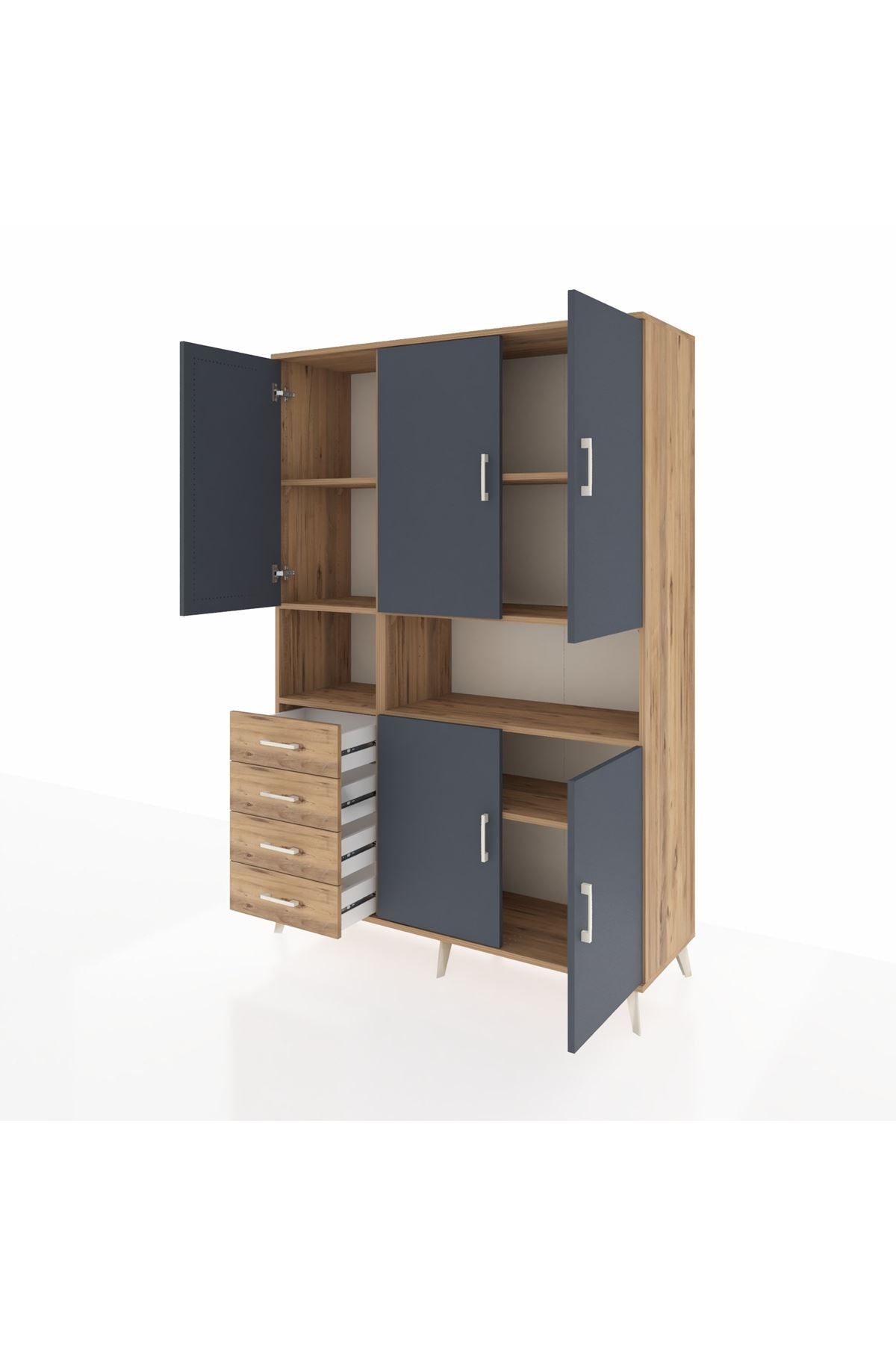 Hyperion Dolap 7 Raflı 4 Çekmeceli 5 Kapaklı 132x44x195 Çam-Antrasit/Çam