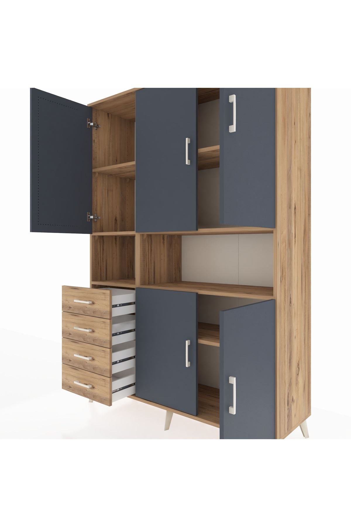 Hyperion Dolap 7 Raflı 4 Çekmeceli 5 Kapaklı 132x44x195 Çam-Antrasit/Çam