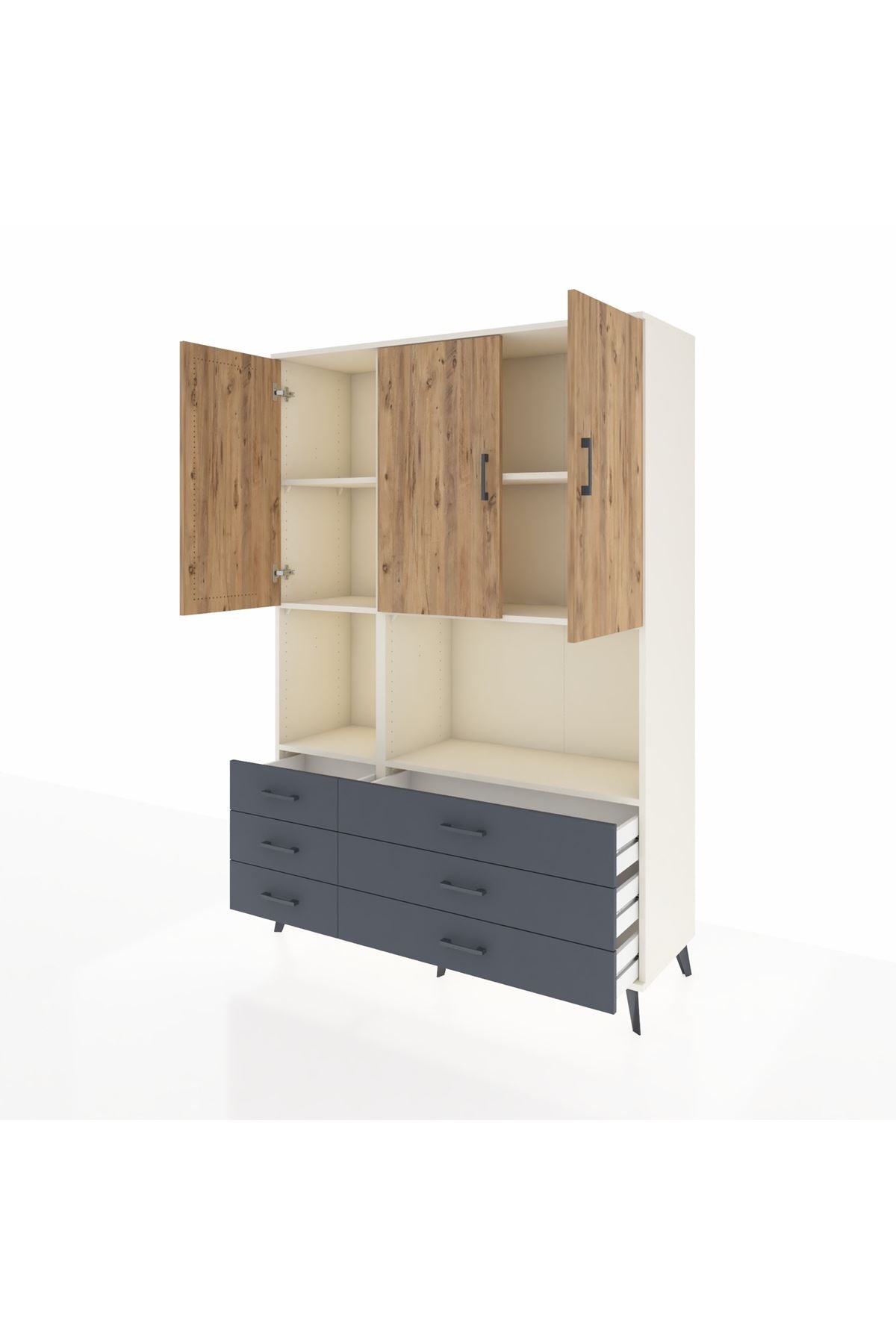 Hyperion Dolap 6 Raflı 6 Çekmeceli 3 Kapaklı 132x44x195 Aytaşı-Çam/Antrasit