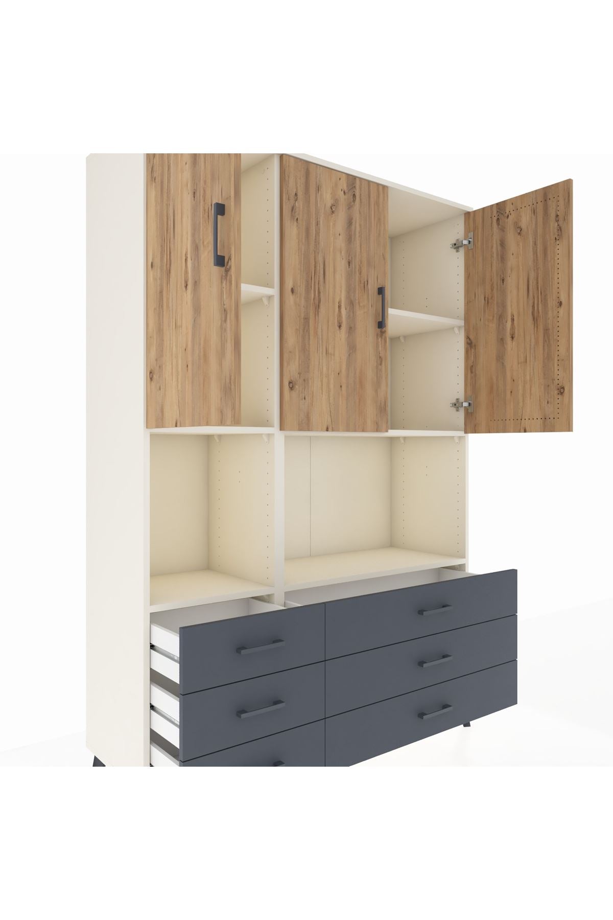 Hyperion Dolap 6 Raflı 6 Çekmeceli 3 Kapaklı 132x44x195 Aytaşı-Çam/Antrasit