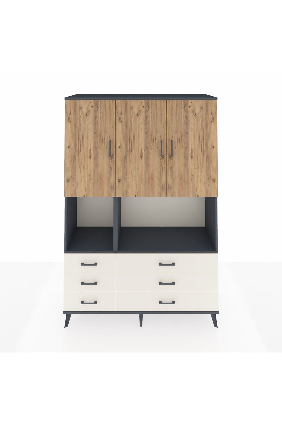 Hyperion Dolap 6 Raflı 6 Çekmeceli 3 Kapaklı 132x44x195 Antrasit-Çam/Aytaşı