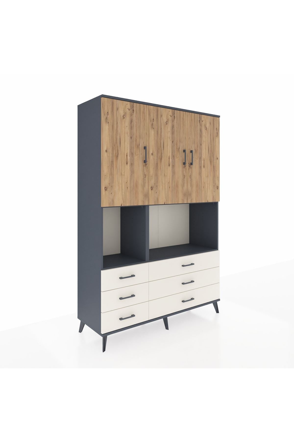 Hyperion Dolap 6 Raflı 6 Çekmeceli 3 Kapaklı 132x44x195 Antrasit-Çam/Aytaşı