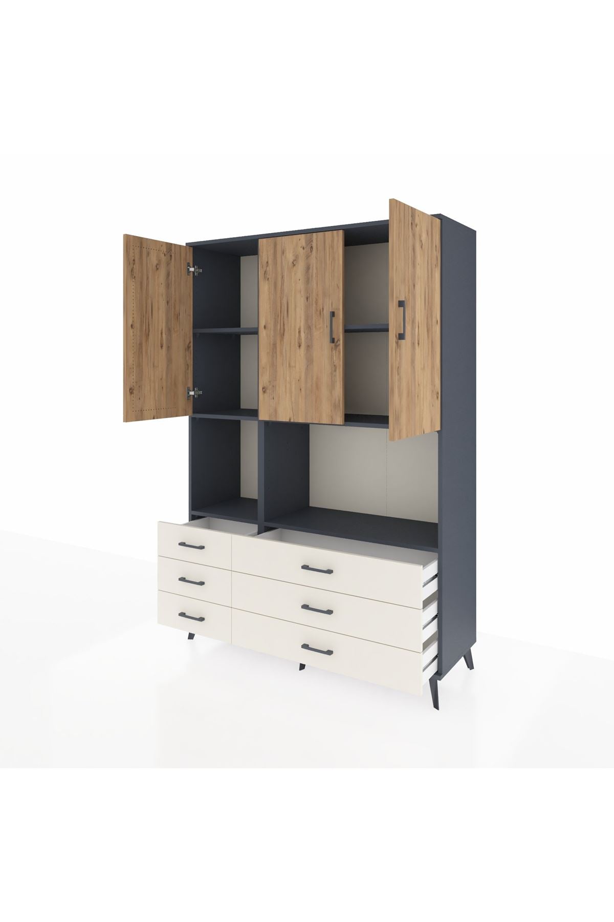 Hyperion Dolap 6 Raflı 6 Çekmeceli 3 Kapaklı 132x44x195 Antrasit-Çam/Aytaşı