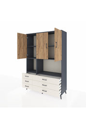 Hyperion Dolap 6 Raflı 6 Çekmeceli 3 Kapaklı 132x44x195 Antrasit-Çam/Aytaşı