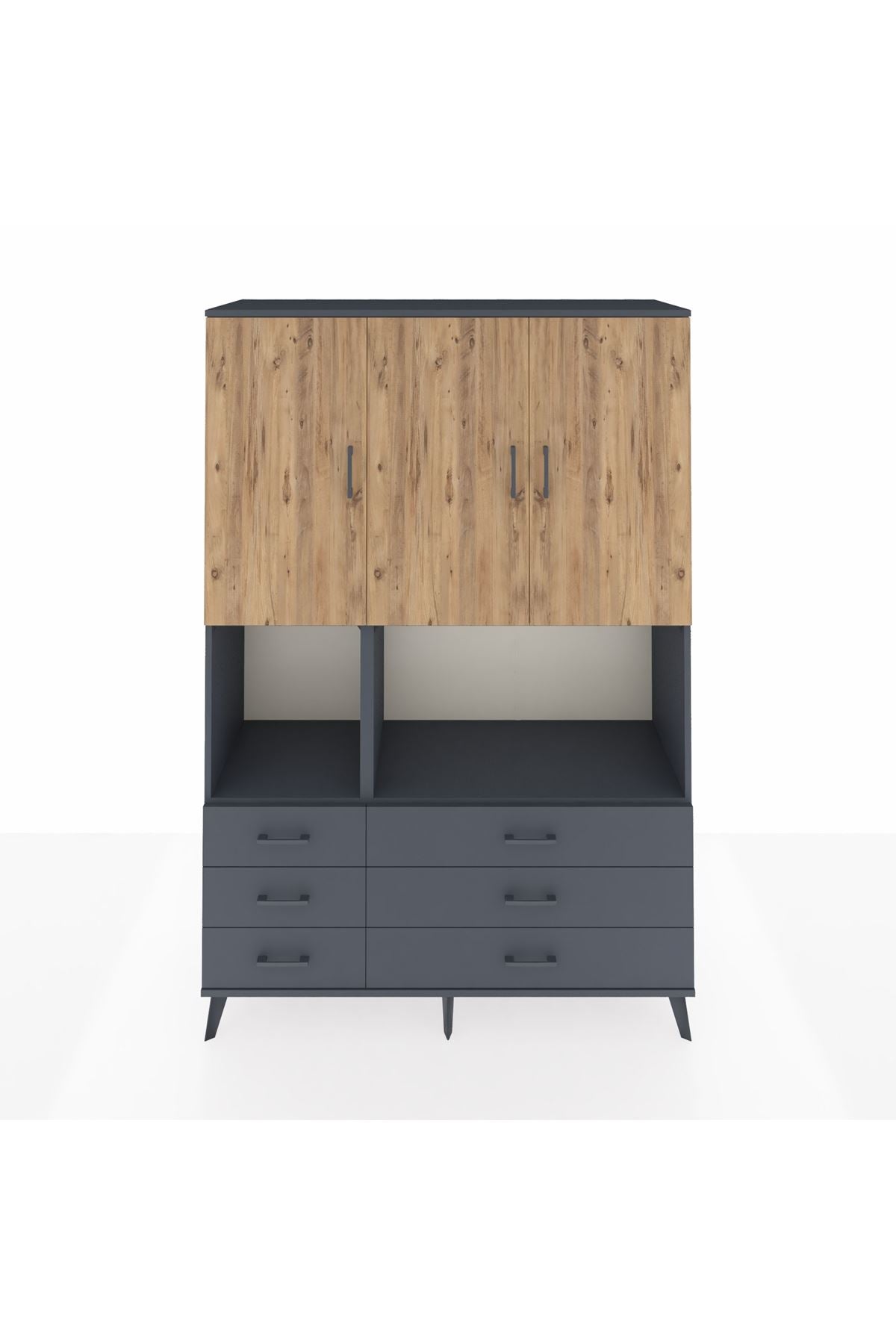 Hyperion Dolap 6 Raflı 6 Çekmeceli 3 Kapaklı 132x44x195 Antrasit-Çam/Antrasit