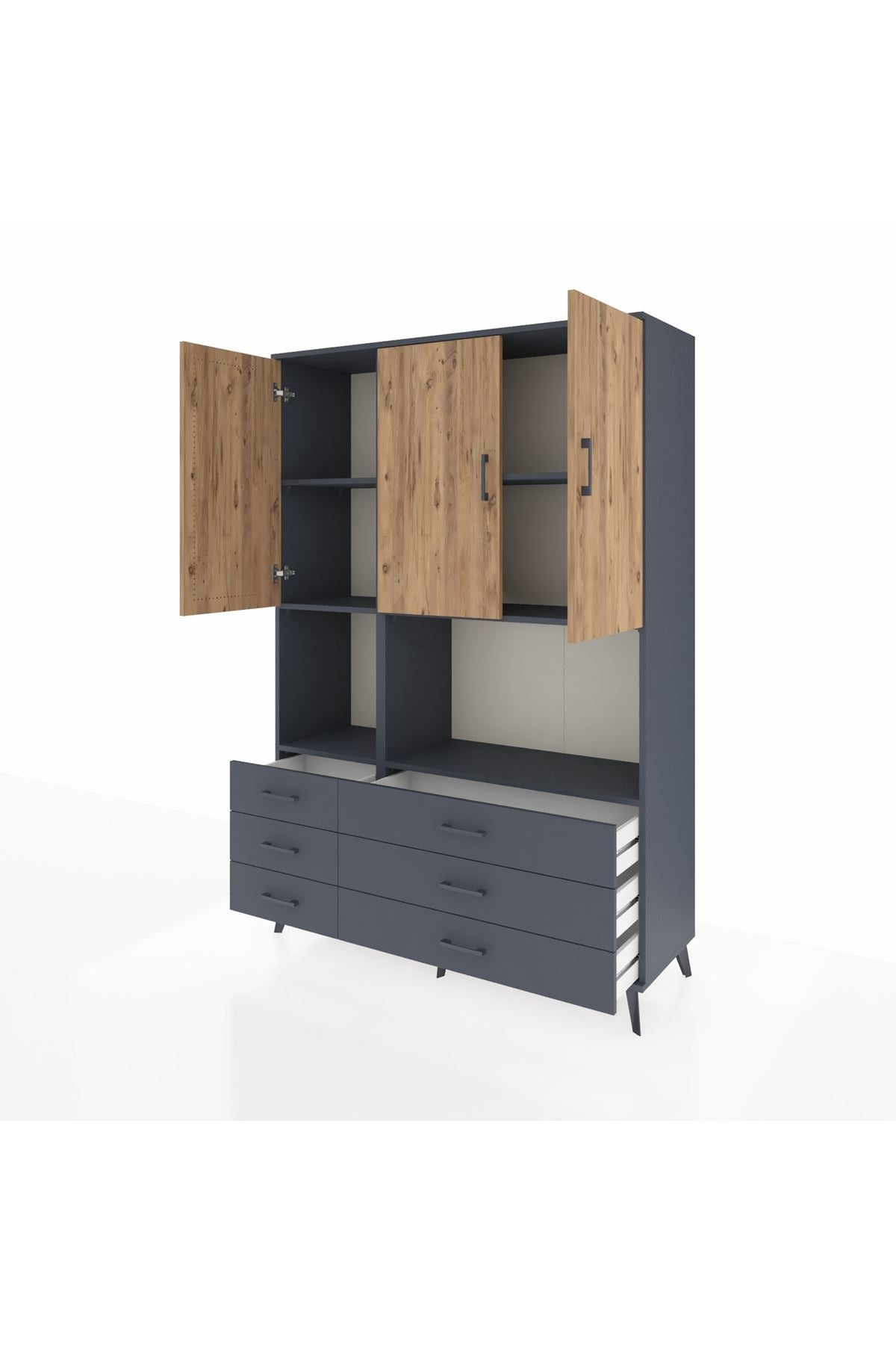 Hyperion Dolap 6 Raflı 6 Çekmeceli 3 Kapaklı 132x44x195 Antrasit-Çam/Antrasit