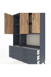 Hyperion Dolap 6 Raflı 6 Çekmeceli 3 Kapaklı 132x44x195 Antrasit-Çam/Antrasit