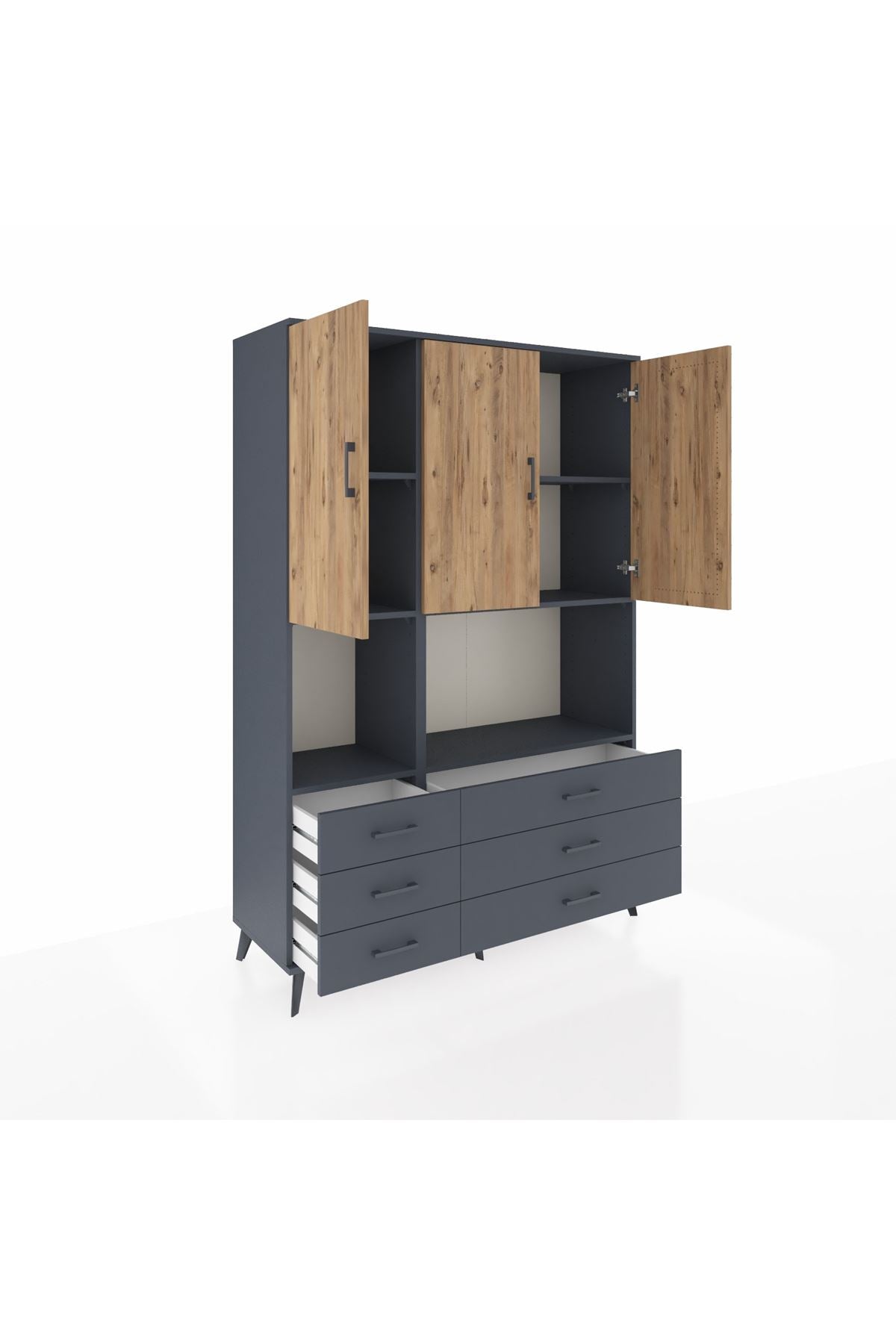 Hyperion Dolap 6 Raflı 6 Çekmeceli 3 Kapaklı 132x44x195 Antrasit-Çam/Antrasit