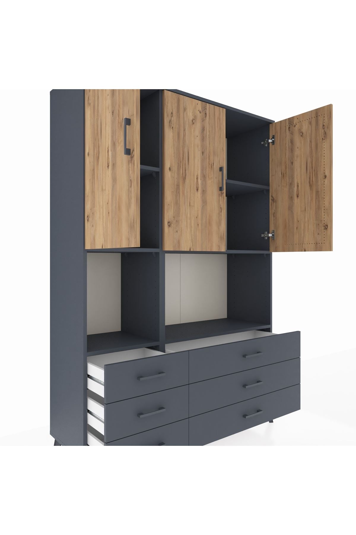 Hyperion Dolap 6 Raflı 6 Çekmeceli 3 Kapaklı 132x44x195 Antrasit-Çam/Antrasit