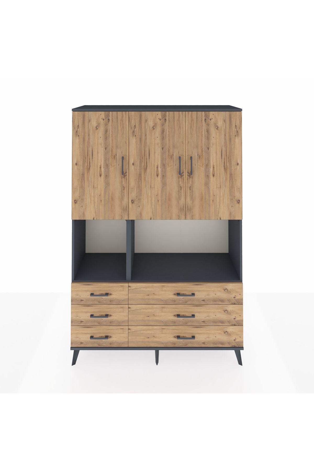 Hyperion Dolap 6 Raflı 6 Çekmeceli 3 Kapaklı 132x44x195 Antrasit-Çam/Çam