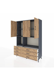 Hyperion Dolap 6 Raflı 6 Çekmeceli 3 Kapaklı 132x44x195 Antrasit-Çam/Çam