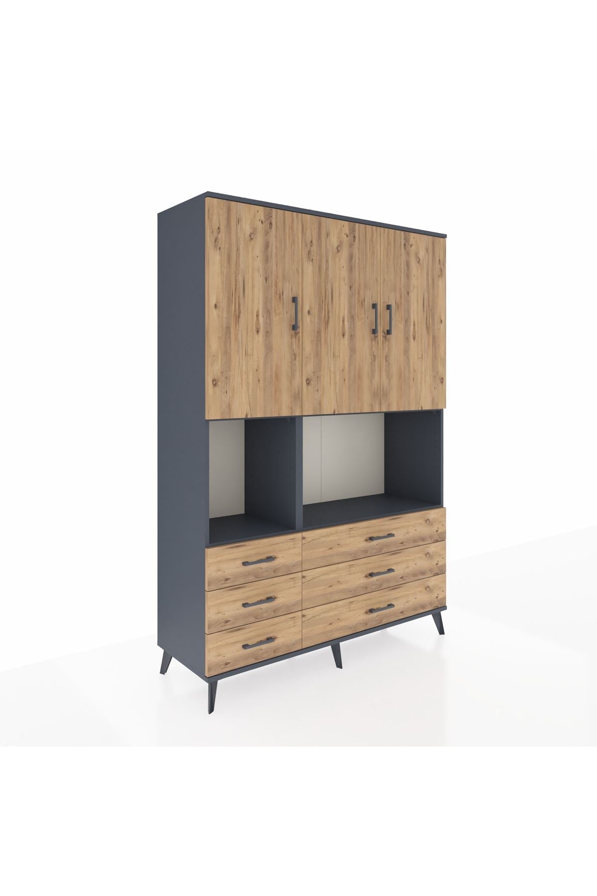 Hyperion Dolap 6 Raflı 6 Çekmeceli 3 Kapaklı 132x44x195 Antrasit-Çam/Çam