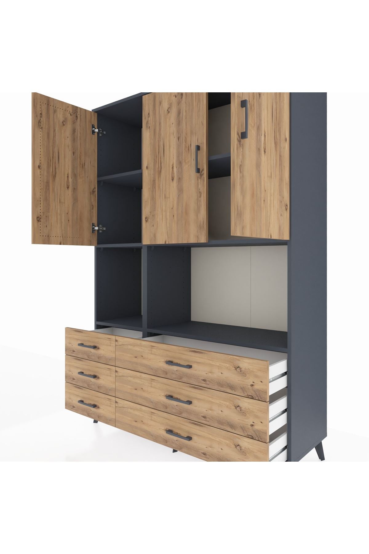 Hyperion Dolap 6 Raflı 6 Çekmeceli 3 Kapaklı 132x44x195 Antrasit-Çam/Çam