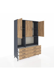 Hyperion Dolap 6 Raflı 6 Çekmeceli 3 Kapaklı 132x44x195 Antrasit-Çam/Çam