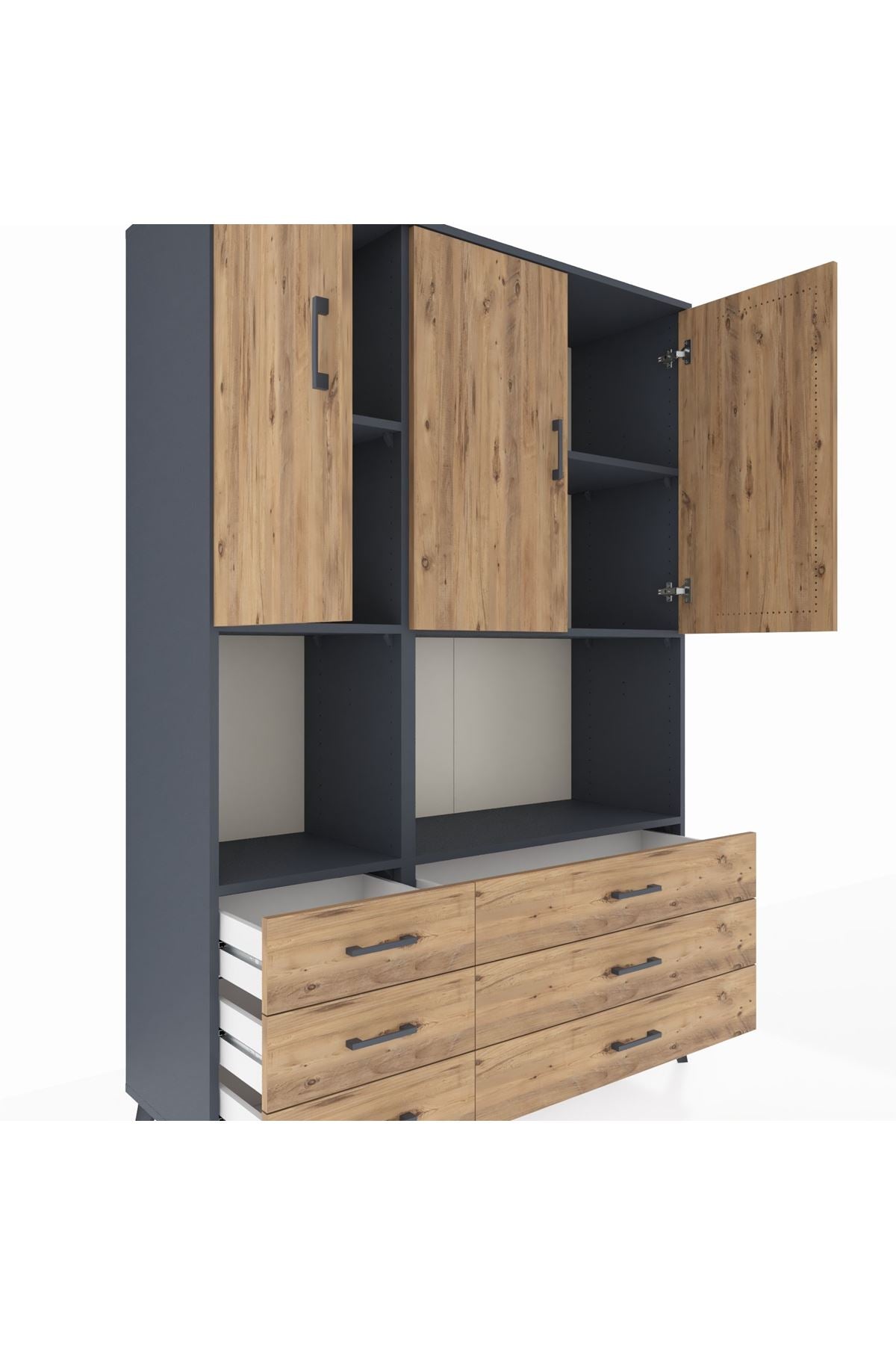 Hyperion Dolap 6 Raflı 6 Çekmeceli 3 Kapaklı 132x44x195 Antrasit-Çam/Çam