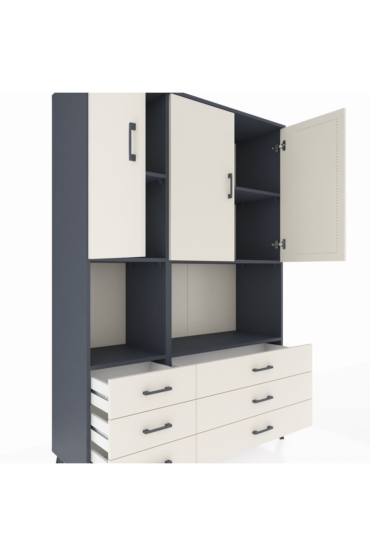 Hyperion Dolap 6 Raflı 6 Çekmeceli 3 Kapaklı 132x44x195 Antrasit-Aytaşı/Aytaşı