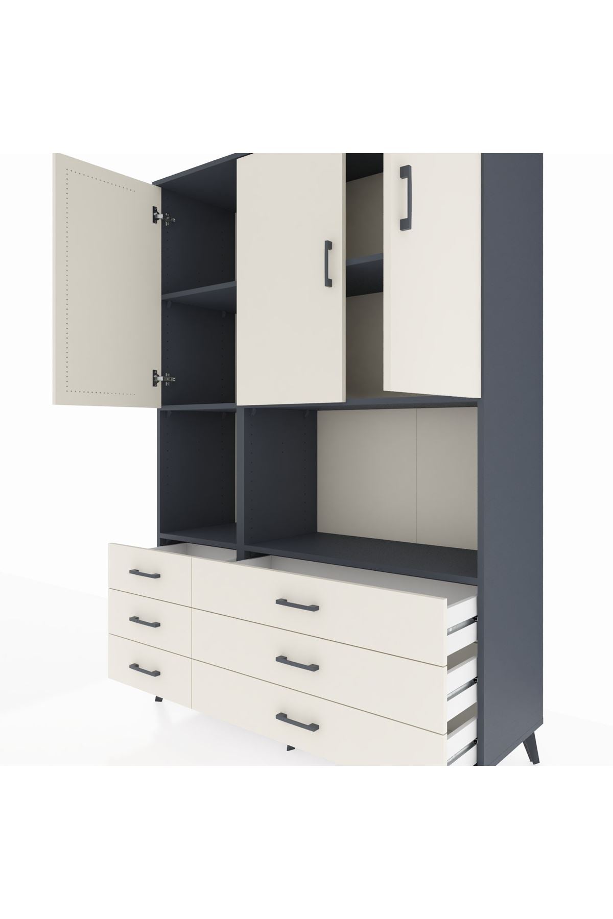 Hyperion Dolap 6 Raflı 6 Çekmeceli 3 Kapaklı 132x44x195 Antrasit-Aytaşı/Aytaşı