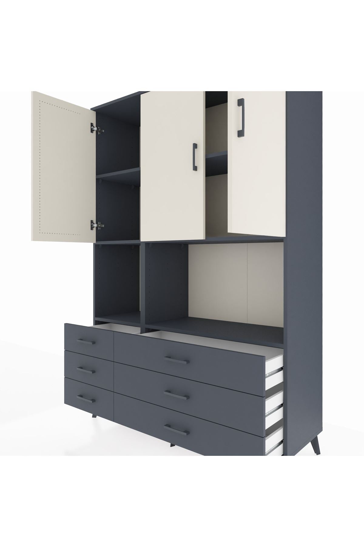 Hyperion Dolap 6 Raflı 6 Çekmeceli 3 Kapaklı 132x44x195 Antrasit-Aytaşı/Antrasit