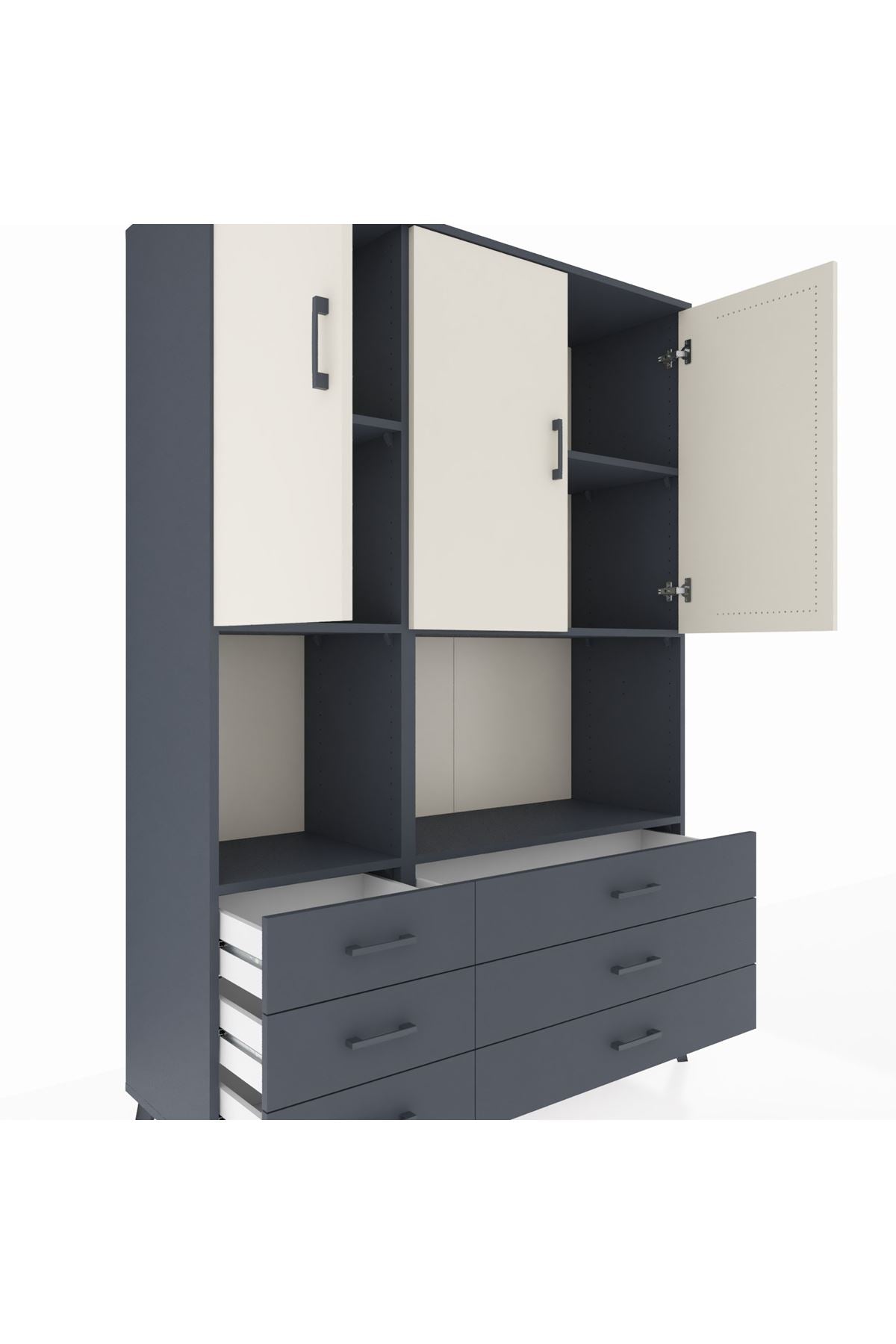 Hyperion Dolap 6 Raflı 6 Çekmeceli 3 Kapaklı 132x44x195 Antrasit-Aytaşı/Antrasit