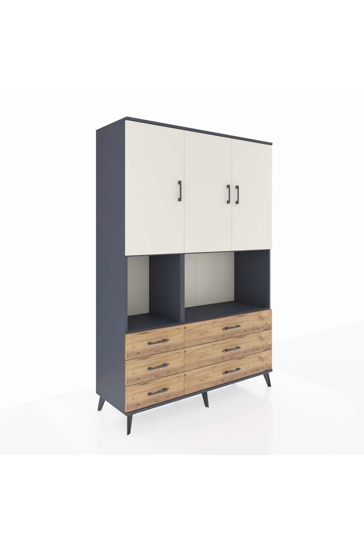Hyperion Dolap 6 Raflı 6 Çekmeceli 3 Kapaklı 132x44x195 Antrasit-Aytaşı/Çam