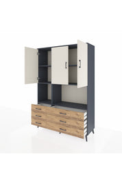 Hyperion Dolap 6 Raflı 6 Çekmeceli 3 Kapaklı 132x44x195 Antrasit-Aytaşı/Çam