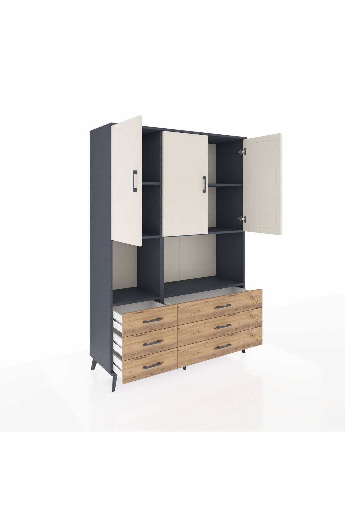 Hyperion Dolap 6 Raflı 6 Çekmeceli 3 Kapaklı 132x44x195 Antrasit-Aytaşı/Çam