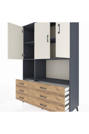 Hyperion Dolap 6 Raflı 6 Çekmeceli 3 Kapaklı 132x44x195 Antrasit-Aytaşı/Çam