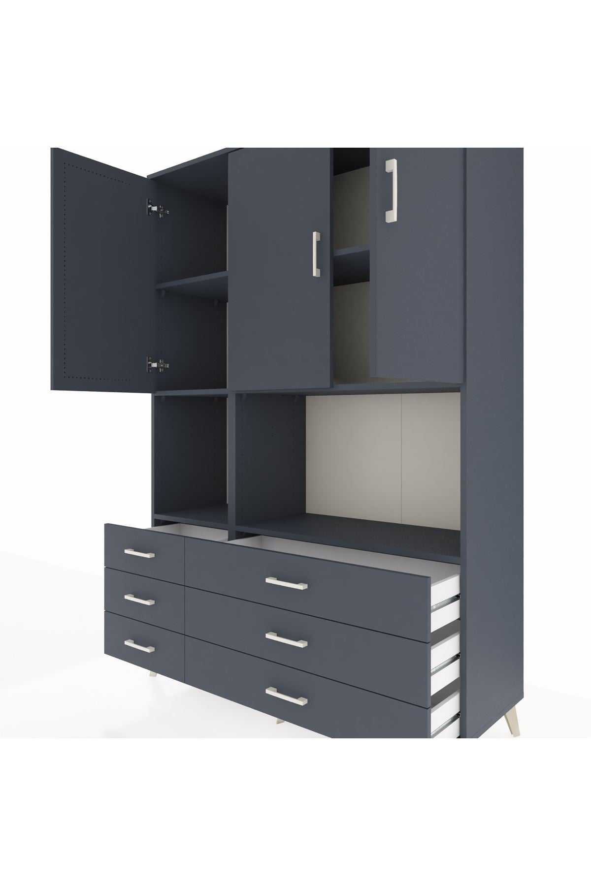 Hyperion Dolap 6 Raflı 6 Çekmeceli 3 Kapaklı 132x44x195 Antrasit-Antrasit/Antrasit