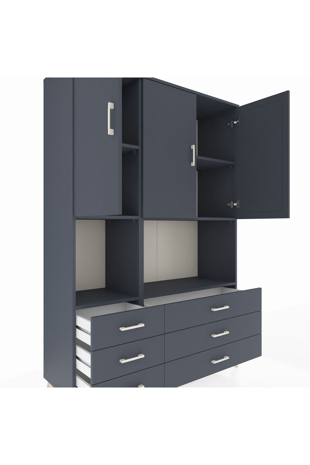 Hyperion Dolap 6 Raflı 6 Çekmeceli 3 Kapaklı 132x44x195 Antrasit-Antrasit/Antrasit