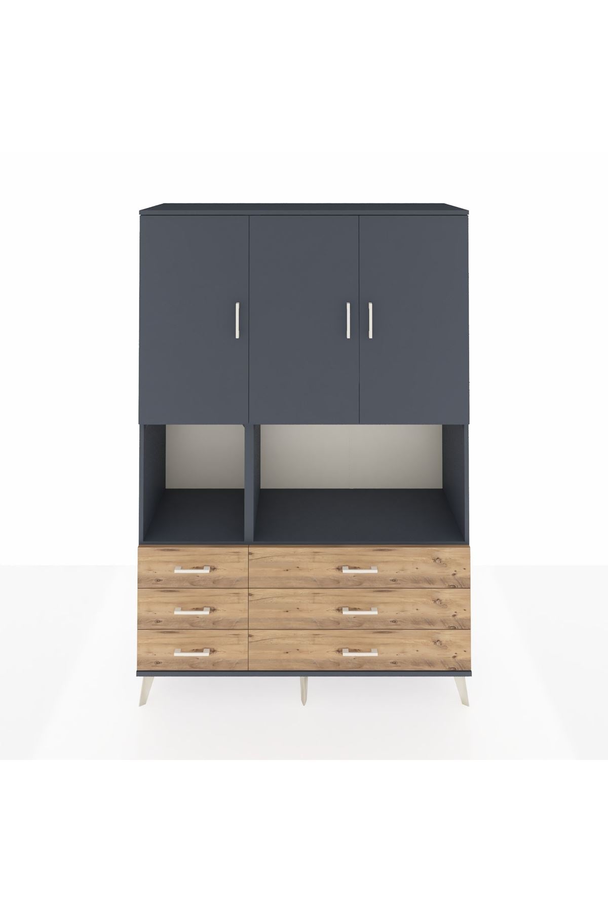 Hyperion Dolap 6 Raflı 6 Çekmeceli 3 Kapaklı 132x44x195 Antrasit-Antrasit/Çam