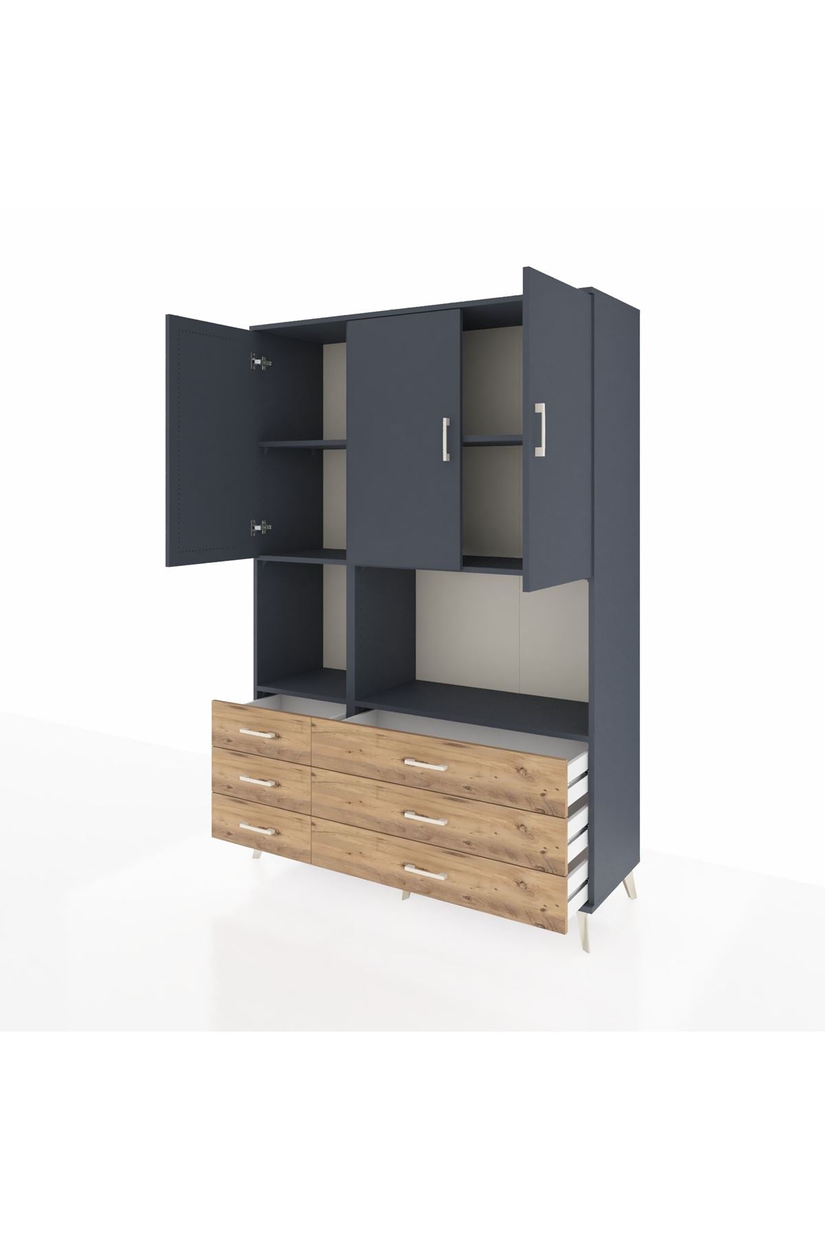 Hyperion Dolap 6 Raflı 6 Çekmeceli 3 Kapaklı 132x44x195 Antrasit-Antrasit/Çam