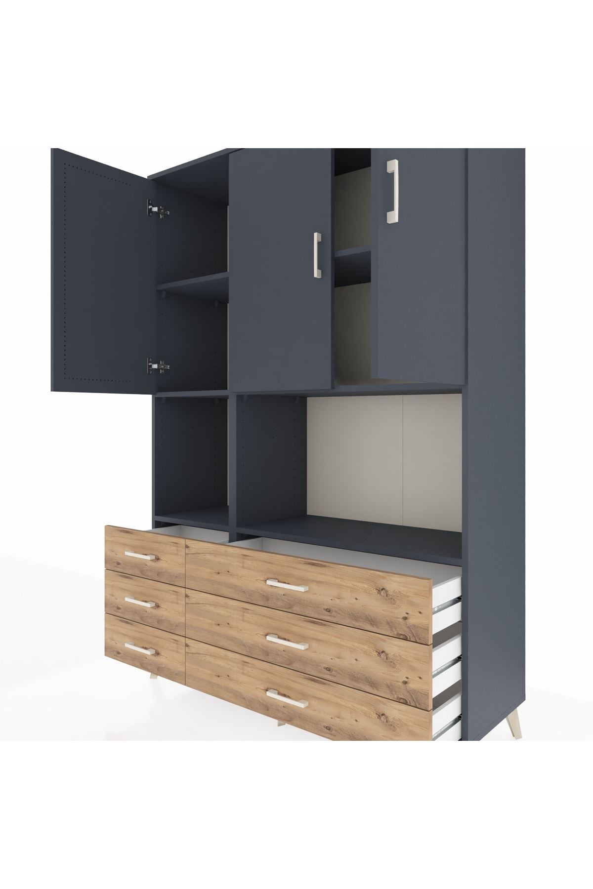 Hyperion Dolap 6 Raflı 6 Çekmeceli 3 Kapaklı 132x44x195 Antrasit-Antrasit/Çam