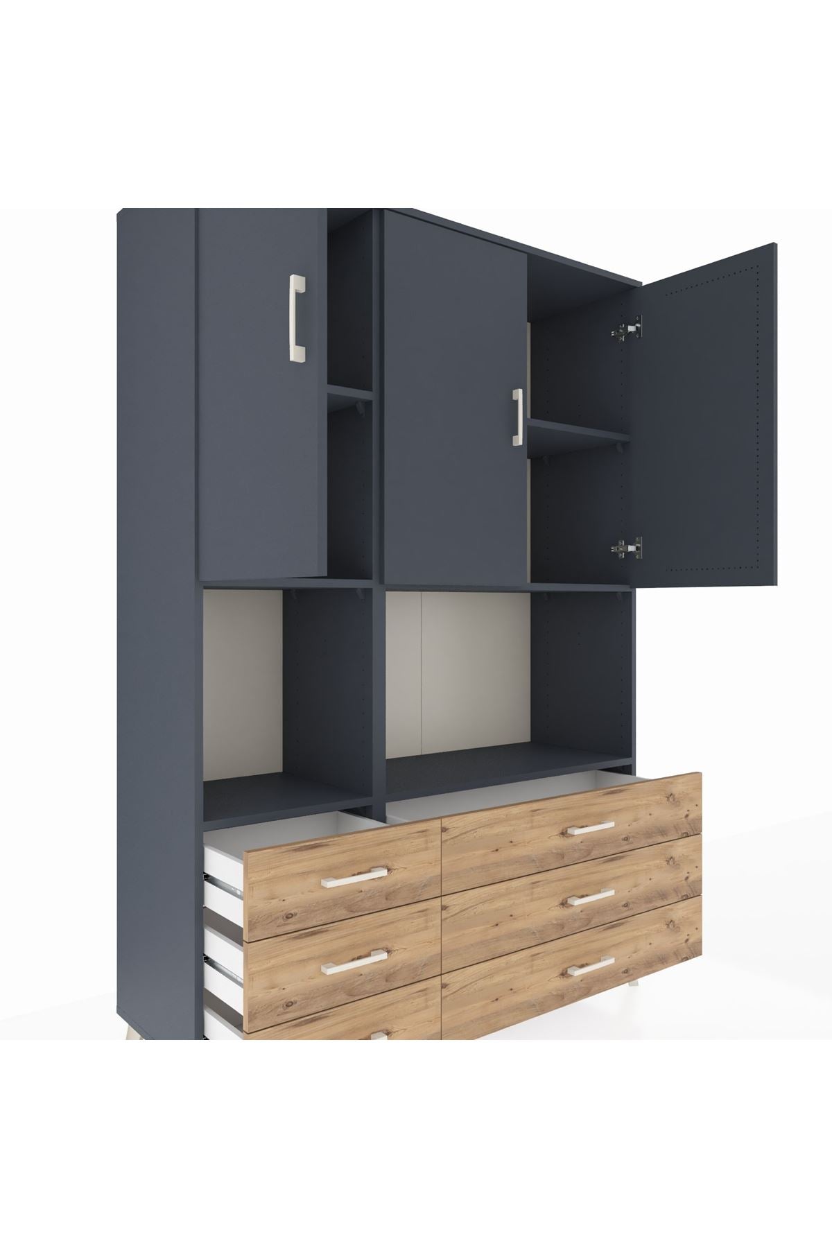Hyperion Dolap 6 Raflı 6 Çekmeceli 3 Kapaklı 132x44x195 Antrasit-Antrasit/Çam