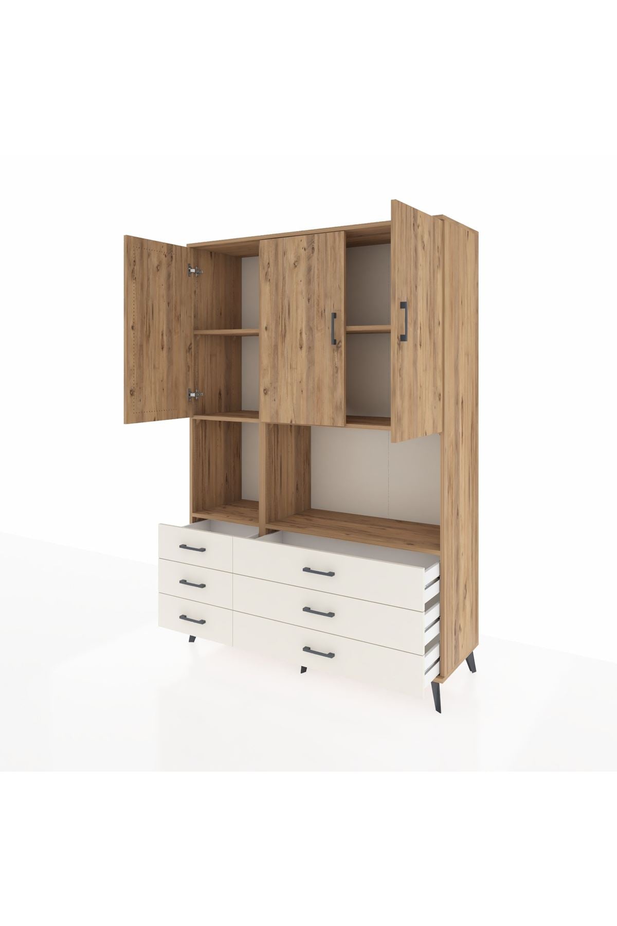 Hyperion Dolap 6 Raflı 6 Çekmeceli 3 Kapaklı 132x44x195 Çam-Çam/Aytaşı