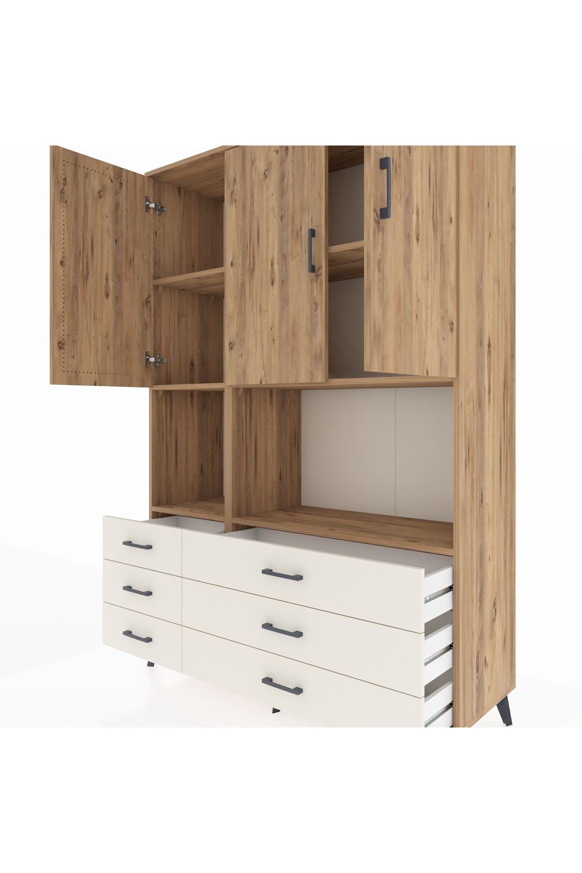 Hyperion Dolap 6 Raflı 6 Çekmeceli 3 Kapaklı 132x44x195 Çam-Çam/Aytaşı