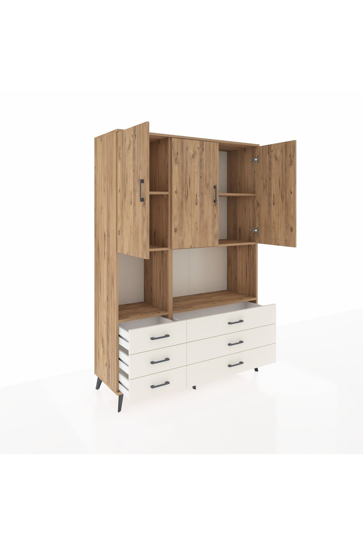 Hyperion Dolap 6 Raflı 6 Çekmeceli 3 Kapaklı 132x44x195 Çam-Çam/Aytaşı