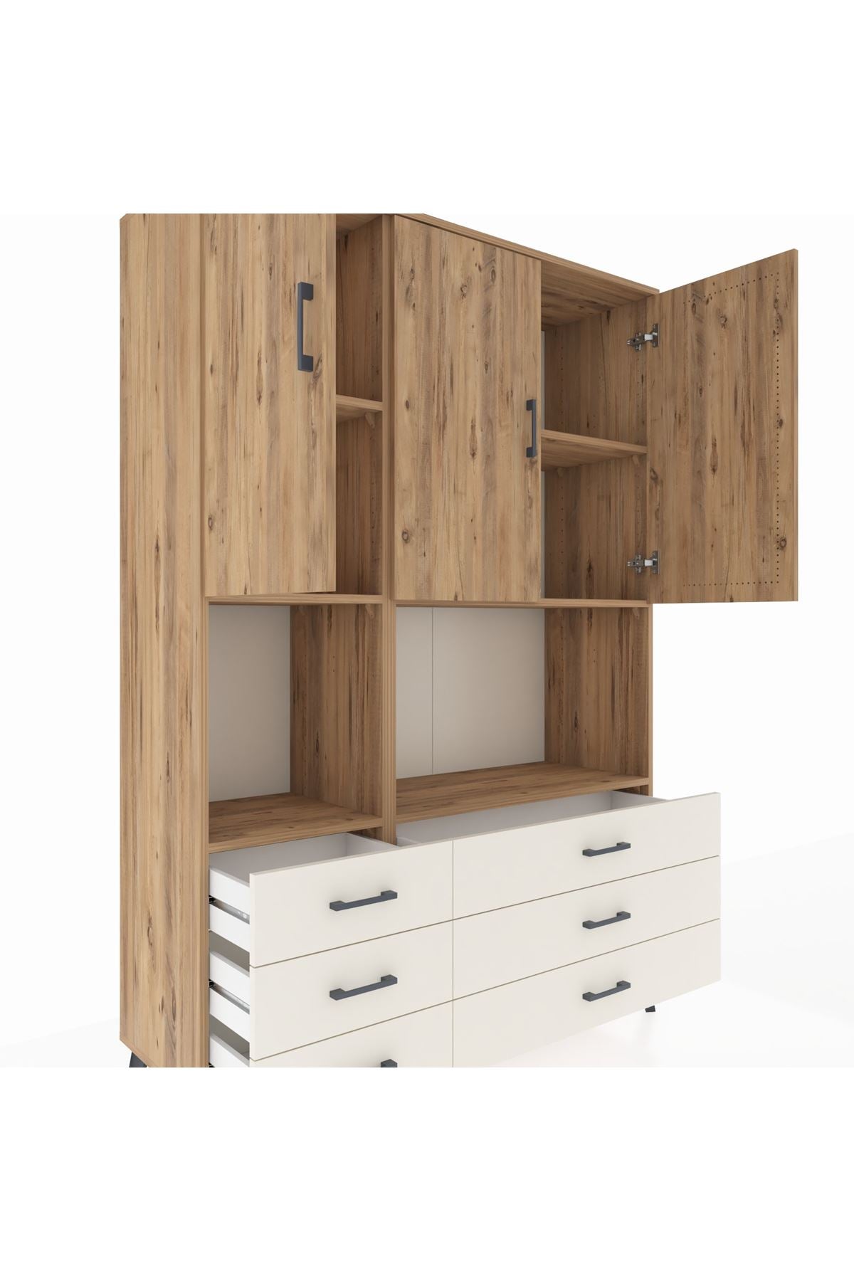 Hyperion Dolap 6 Raflı 6 Çekmeceli 3 Kapaklı 132x44x195 Çam-Çam/Aytaşı