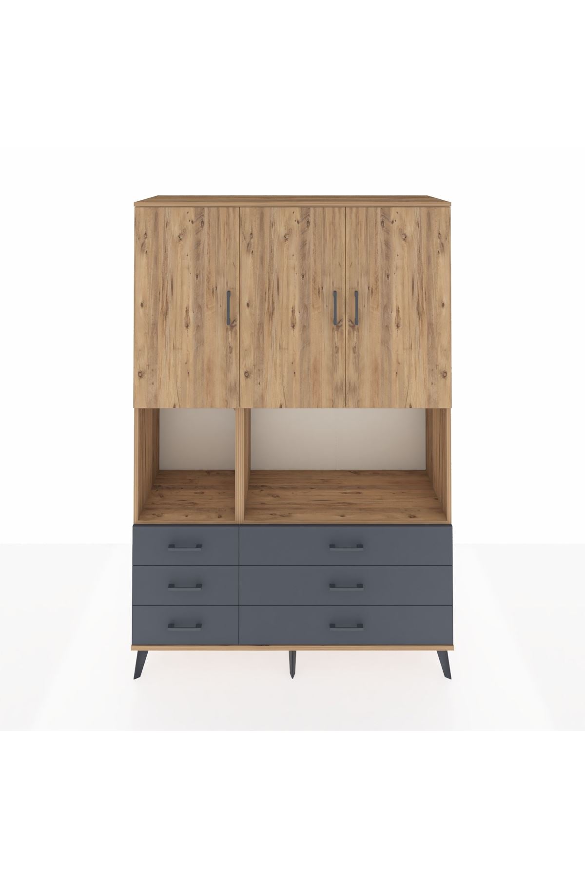 Hyperion Dolap 6 Raflı 6 Çekmeceli 3 Kapaklı 132x44x195 Çam-Çam/Antrasit