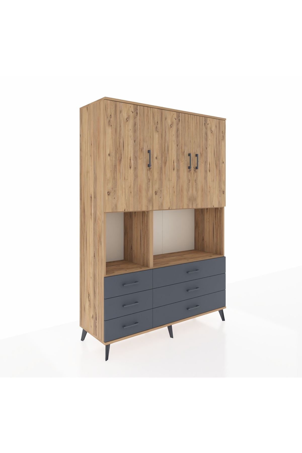 Hyperion Dolap 6 Raflı 6 Çekmeceli 3 Kapaklı 132x44x195 Çam-Çam/Antrasit