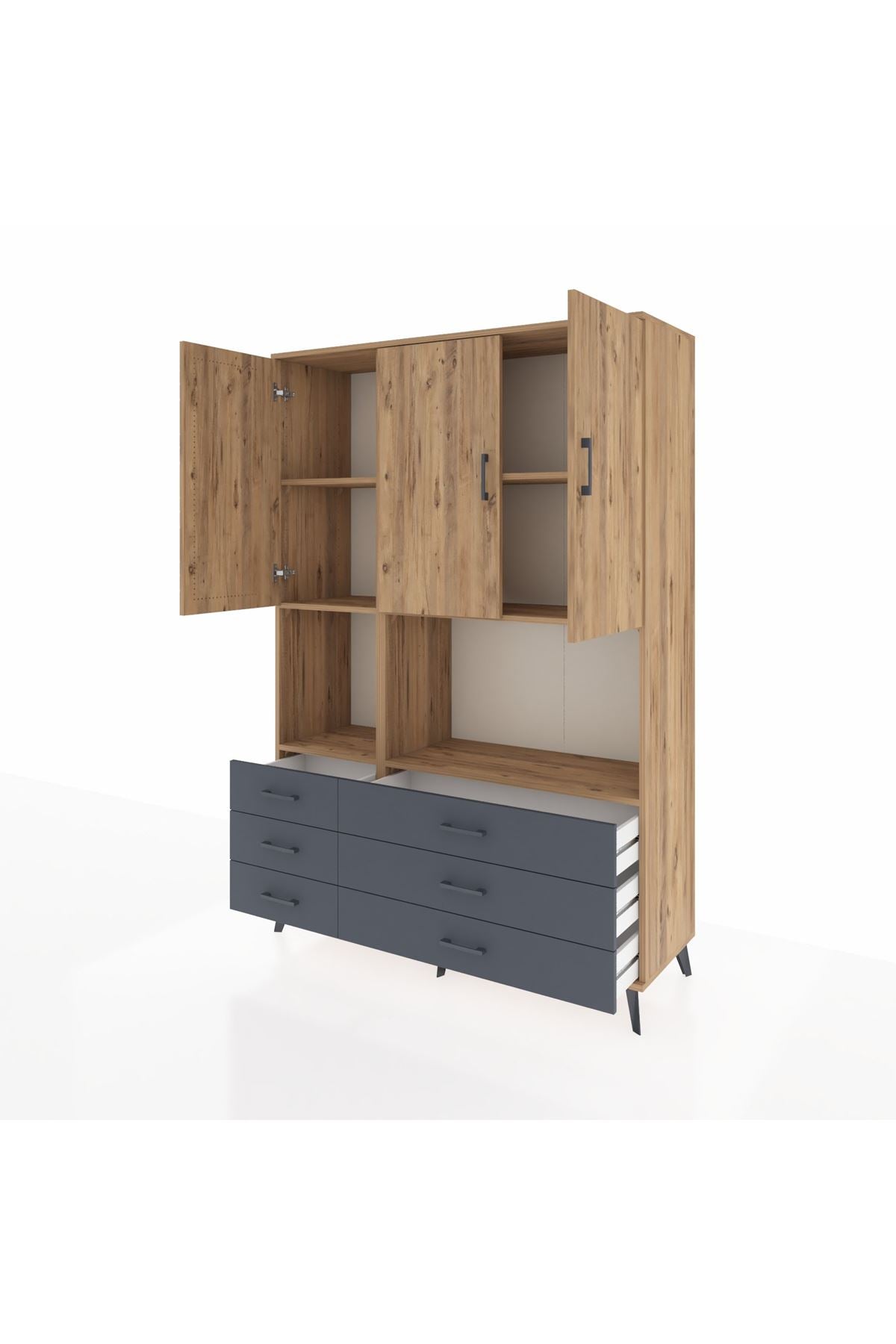 Hyperion Dolap 6 Raflı 6 Çekmeceli 3 Kapaklı 132x44x195 Çam-Çam/Antrasit