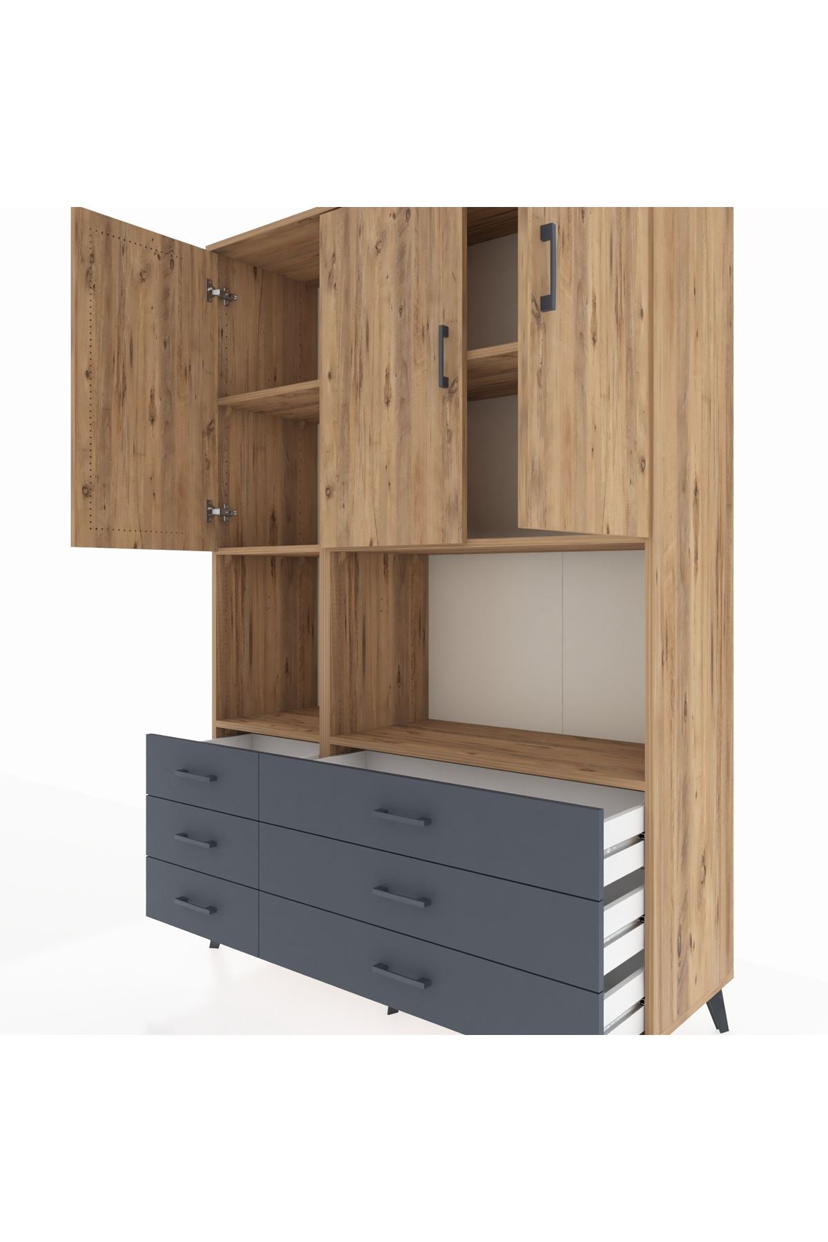 Hyperion Dolap 6 Raflı 6 Çekmeceli 3 Kapaklı 132x44x195 Çam-Çam/Antrasit