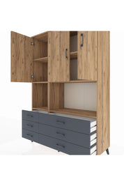 Hyperion Dolap 6 Raflı 6 Çekmeceli 3 Kapaklı 132x44x195 Çam-Çam/Antrasit