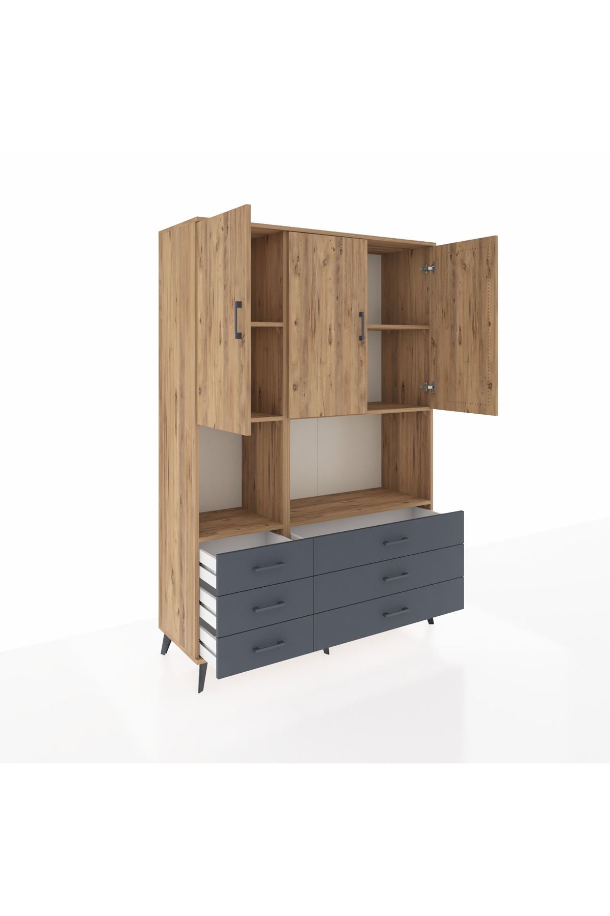 Hyperion Dolap 6 Raflı 6 Çekmeceli 3 Kapaklı 132x44x195 Çam-Çam/Antrasit
