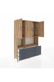 Hyperion Dolap 6 Raflı 6 Çekmeceli 3 Kapaklı 132x44x195 Çam-Çam/Antrasit
