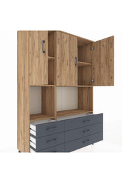 Hyperion Dolap 6 Raflı 6 Çekmeceli 3 Kapaklı 132x44x195 Çam-Çam/Antrasit