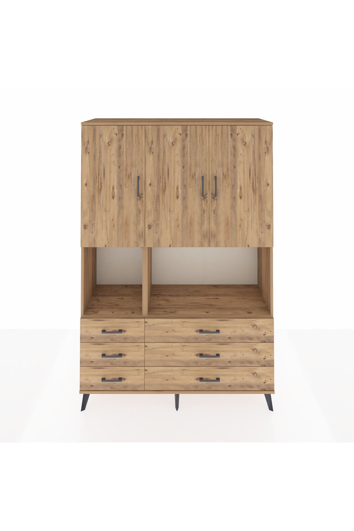 Hyperion Dolap 6 Raflı 6 Çekmeceli 3 Kapaklı 132x44x195 Çam-Çam/Çam