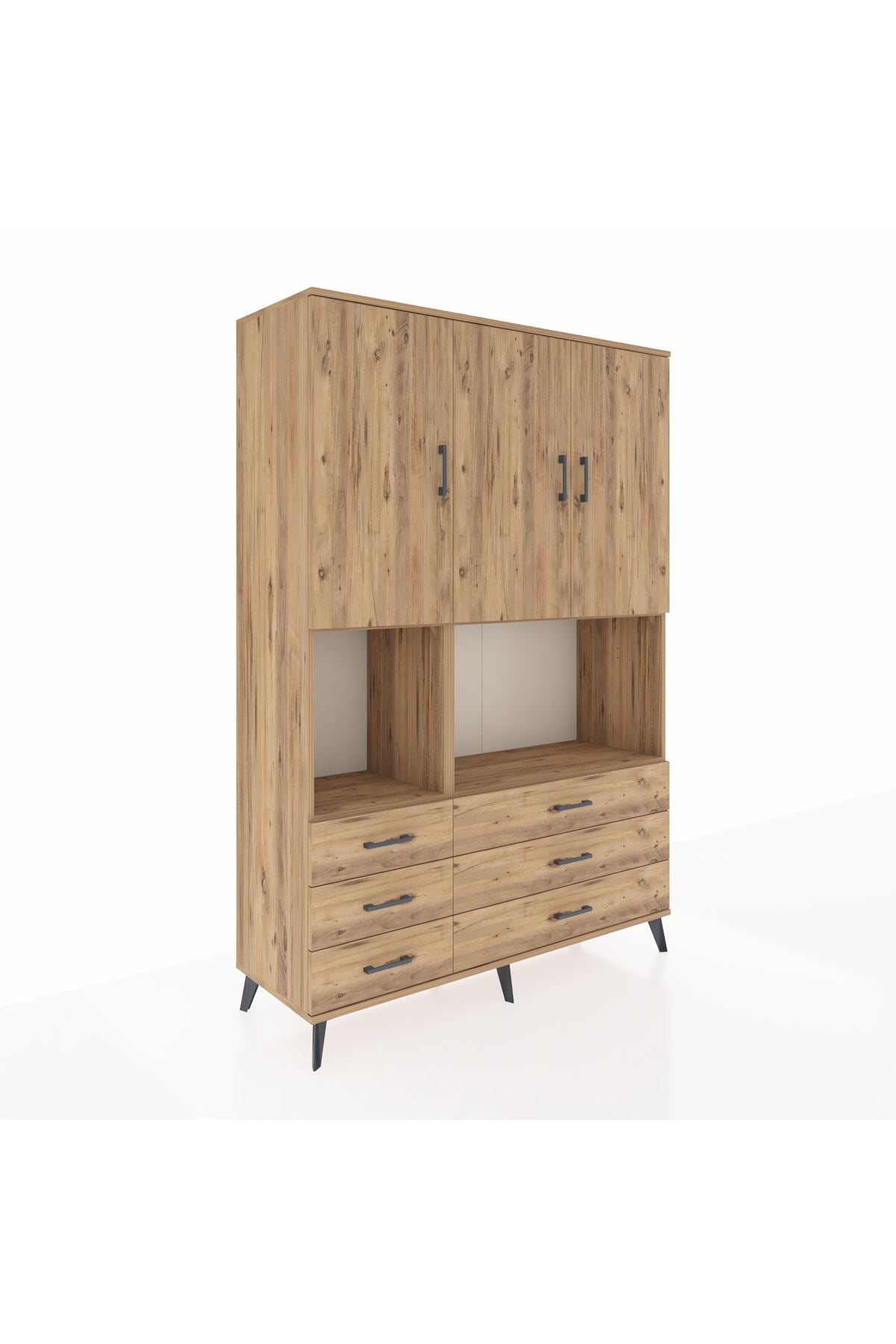 Hyperion Dolap 6 Raflı 6 Çekmeceli 3 Kapaklı 132x44x195 Çam-Çam/Çam