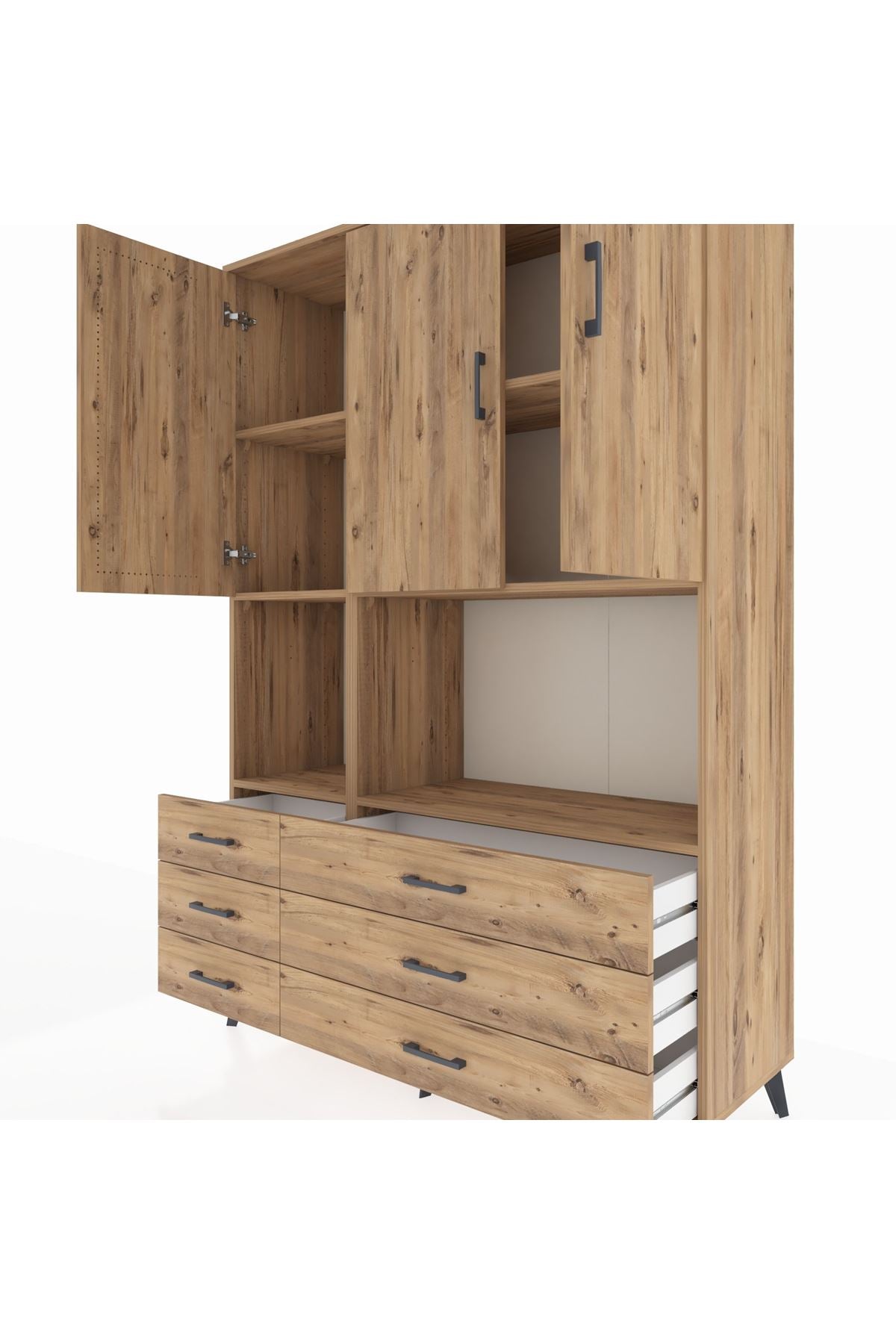 Hyperion Dolap 6 Raflı 6 Çekmeceli 3 Kapaklı 132x44x195 Çam-Çam/Çam